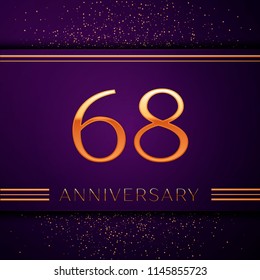 Realistic Sixty eight Years Anniversary Celebration design banner. Golden number and confetti on purple background. Colorful Vector template elements for your birthday party