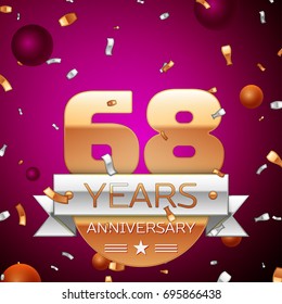 Realistic Sixty eight Years Anniversary Celebration Design. Golden numbers and silver ribbon, confetti on purple background. Colorful Vector template elements for your birthday party