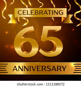 Realistic Sixty five Years Anniversary Celebration Design. Golden confetti and gold ribbon on brown background. Colorful Vector template elements for your birthday party