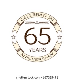 Realistic sixty five years anniversary celebration logo with ring and ribbon on white background. Vector template for your design