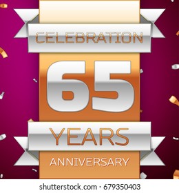 Realistic Sixty five Years Anniversary Celebration Design. Silver and golden ribbon, confetti on purple background. Colorful Vector template elements for your birthday party. Anniversary ribbon