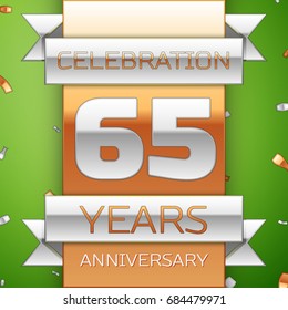 Realistic Sixty five Years Anniversary Celebration Design. Silver and golden ribbon, confetti on green background. Colorful Vector template elements for your birthday party. Anniversary ribbon