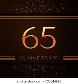 Realistic Sixty five Years Anniversary Celebration Logotype. Golden numbers and golden confetti on brown background. Colorful Vector template elements for your birthday party