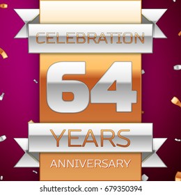 Realistic Sixty four Years Anniversary Celebration Design. Silver and golden ribbon, confetti on purple background. Colorful Vector template elements for your birthday party. Anniversary ribbon