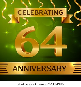 Realistic Sixty four Years Anniversary Celebration Design. Confetti and gold ribbon on green background. Colorful Vector template elements for your birthday party. Anniversary ribbon