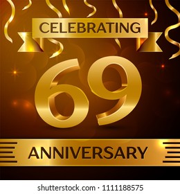 Realistic Sixty nine Years Anniversary Celebration Design. Golden confetti and gold ribbon on brown background. Colorful Vector template elements for your birthday party