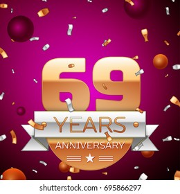 Realistic Sixty nine Years Anniversary Celebration Design. Golden numbers and silver ribbon, confetti on purple background. Colorful Vector template elements for your birthday party