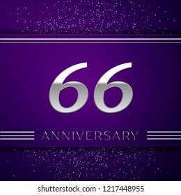Realistic Sixty six Years Anniversary Celebration design banner. Silver number and confetti on purple background. Colorful Vector template elements for your birthday party