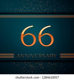 Realistic Sixty six Years Anniversary Celebration design banner. Golden number and confetti on green background. Colorful Vector template elements for your birthday party