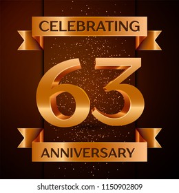 Realistic Sixty three Years Anniversary Celebration design banner. Golden number, confetti and ribbon on brown background. Colorful Vector template elements for your birthday party