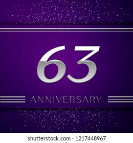 Realistic Sixty three Years Anniversary Celebration design banner. Silver number and confetti on purple background. Colorful Vector template elements for your birthday party