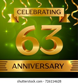 Realistic Sixty three Years Anniversary Celebration Design. Confetti and gold ribbon on green background. Colorful Vector template elements for your birthday party. Anniversary ribbon
