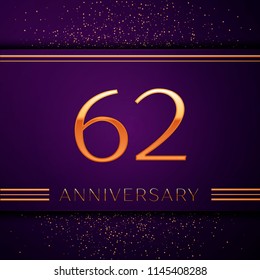 Realistic Sixty two Years Anniversary Celebration design banner. Golden number and confetti on purple background. Colorful Vector template elements for your birthday party