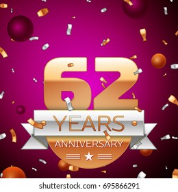 Realistic Sixty two Years Anniversary Celebration Design. Golden numbers and silver ribbon, confetti on purple background. Colorful Vector template elements for your birthday party