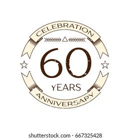 Realistic sixty years anniversary celebration logo with ring and ribbon on white background. Vector template for your design