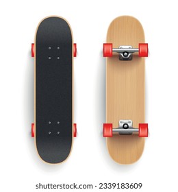 Realistic skate board set with blank background and isolated top and bottom views of wooden skateboard vector illustration