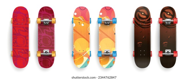 Realistic skate board set with isolated top and bottom views of urban style skateboards with artwork vector illustration