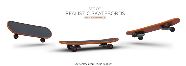 Realistic skateboard from different angles. View of board from above, side, below. Show item in action. Various tricks, active youth lifestyle. Vector illustrations of sports theme equipment