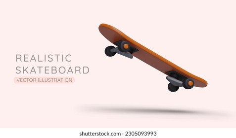 Realistische Skateboard im Flug. Spring in die Luft. 3D Figur, Symbol der Bewegung, Sport, aktive Freizeit. Ausrüstung für die persönliche Ausbildung im Freien. Farbvektorvorlage für fertiges Design