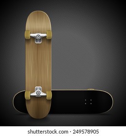 Realistic skateboard on abstract gray background, view from above and below. Place for your text. Vector illustration.