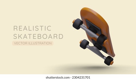 Patineta realista en proceso de hacer truco. Tarjeta 3D en vuelo, vista inferior. Es hora de aprender a montar en patineta. Publicidad moderna para clubes deportivos. Plantilla de vector para la tienda de cubiertas