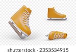 Realistic skates. Yellow sports shoes with metal blades. Accessory for skating. Set of 3D vector images for web design. Color icons for sports sites, applications, advertising