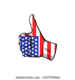 Realistic sketch hand drawn illustration of hand with american flag, vector illustration of like