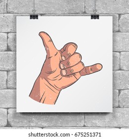 Realistic sketch hands - gestures. Hand-drawn icon hand in shaka or calling gesture in mock up style. Flat vector illustration