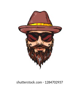 Realistic sketch of hipster man with beard, mustache, sunglasses and hat, vector portrait illustration isolated on white background