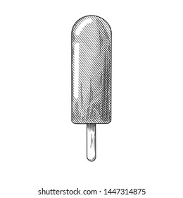 Realistic sketch of ice cream on a stick. Vector illustration in sketch style.