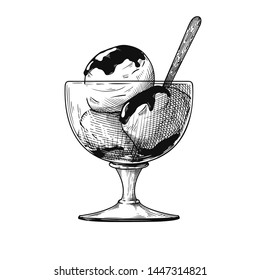 Realistic sketch of ice cream in a vase. Vector illustration in sketch style.