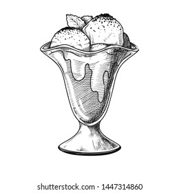 Realistic sketch of ice cream in a vase. Vector illustration in sketch style.