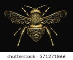 Realistic sketch of insect - Vector Illustration Of Gold Bumble Bee on Black Background  - Detailed vector art 