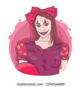 Realistic sketch of scared clown girl, woman, with bowl and balloon vector illustration isolated on white background