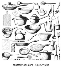 Realistic sketch of tableware. Big set of dishes. Vector