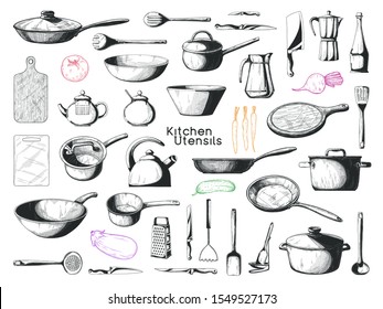 Realistic sketch of tableware. Big set of dishes. Vector