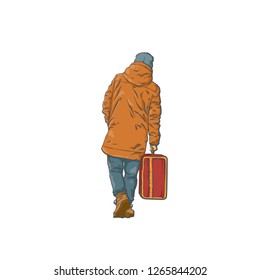 Realistic sketch of travel man, line art illustration, walking man, tourist goes to the airport