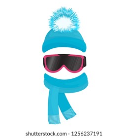 Realistic ski goggles. Eye protection. Sport equipment. Beanie with a fluffy pompon and a scarf for winter outdoor activities. Knitted hat