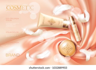 Realistic skin care cream. Tube spray, container cosmetic light background silk soft fabric white feather. 3d template mock up for branding to promote luxury cosmetic product vector illustration