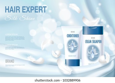 Realistic skin care cream. Tube spray, container cosmetic light background silk soft fabric white feather. 3d template mock up for branding to promote luxury cosmetic product vector illustration