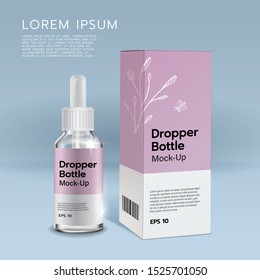 Realistic skin care packaging mock up. White Transparency Dropper bottle and box template with design label.