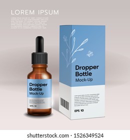 Realistic skin care packaging mock up. Brown Dropper bottle and box template with design label.