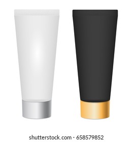 Realistic skin toner,cosmetic cream 3d mock up. White and black tubes with silver and gold cap. Make up tool. Isolated empty template for your branding and design presentation. Vector illustration.