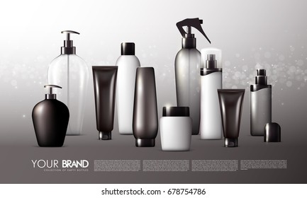 Realistic skincare packages set with blank cosmetic bottles and containers on light background isolated vector illustration