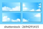 Realistic Sky Background set with White clouds for Cosmetic Product, travel buissnes Presentation or web design, Sky Blue Cloud poster, card, flayer, banner, cover Background for ads promo and vector.