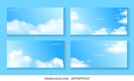 Realista Sky Background definido com nuvens brancas para Produto cosmético, viagens business Presentation ou web design, Sky Blue Cloud poster, cartão, flayer, banner, capa Background para anúncios promo e vetor.