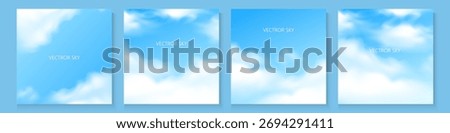 Realistic Sky Background set with White clouds for Cosmetic Product, travel buissnes Presentation or web design, Sky Blue Cloud poster, card, flayer, banner, cover Background for ads promo and vector.
