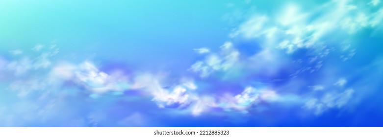 Realistic sky, blue heaven with white soft fluffy clouds abstract natural background. Tranquil cloudscape view, vivid fantasy panoramic backdrop, beautiful skyey paradise, 3d vector illustration svg