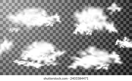 Diseño de nubes de cielo realistas. Conjunto de nubes transparentes y realistas. Humo, niebla, vector de nube