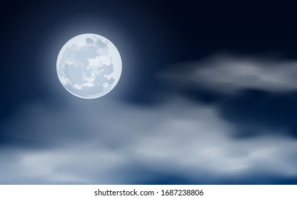 Ilustración aérea realista con nubes y luna llena